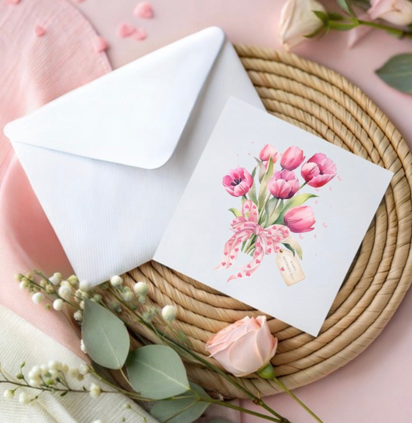Mother’s Day card with pink bouquet tied with ribbon with pink hearts, Happy Mother’s Day tag